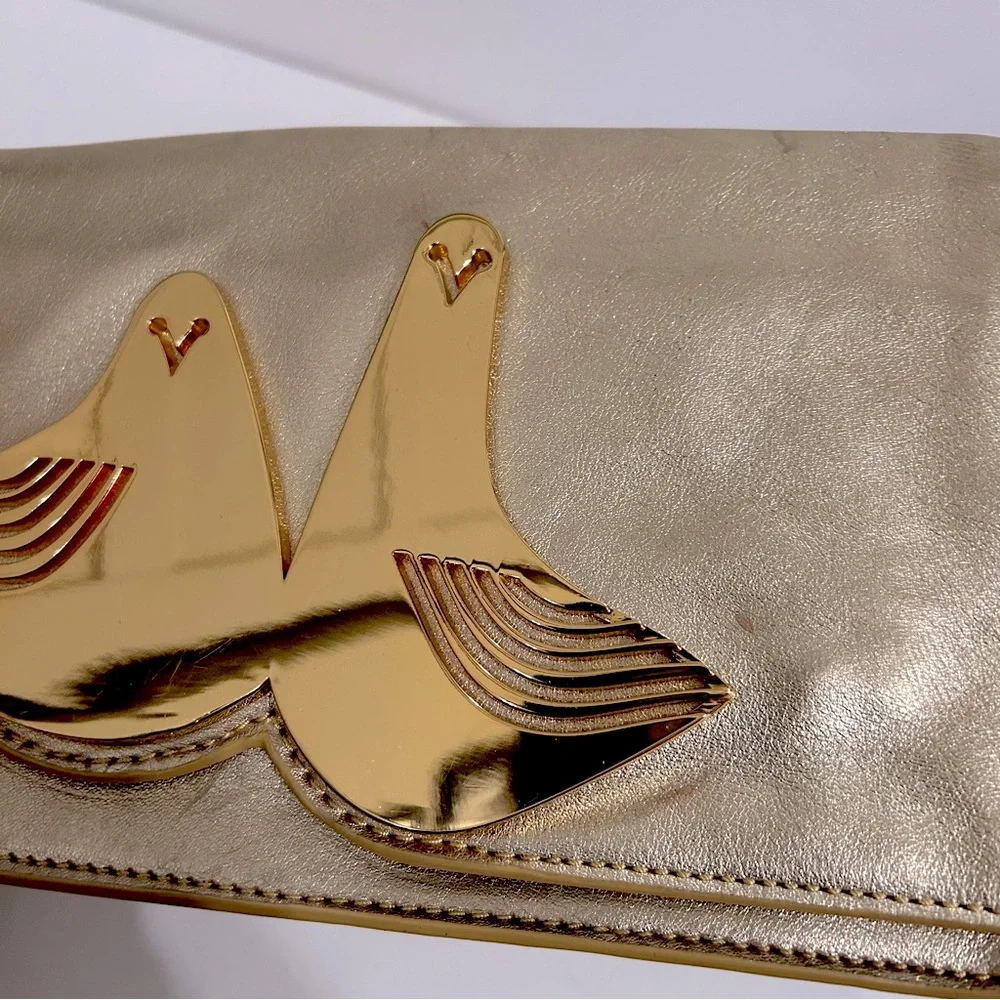 Jonathan Adler Gold Leather Clutch Wristlet with Metal Birds - Picture 7 of 14
